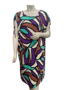 Antita NWT Colorful Abstract Print Shift Dress in Teal, Purple & Brown Size L